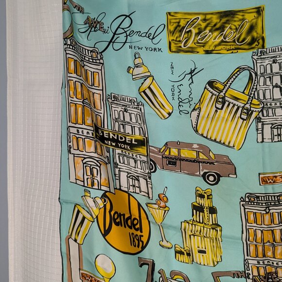 Henri Bendel 100% Silk Scarf, NYC motif, 34"X34"  Aqua Background - Picture 5 of 7